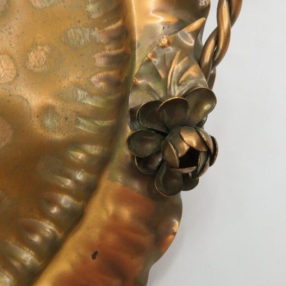 Gregorian Copper Serving Tray Hand Hammered Oval w Applied Flowers Twist Handles - Picture 5 of 10